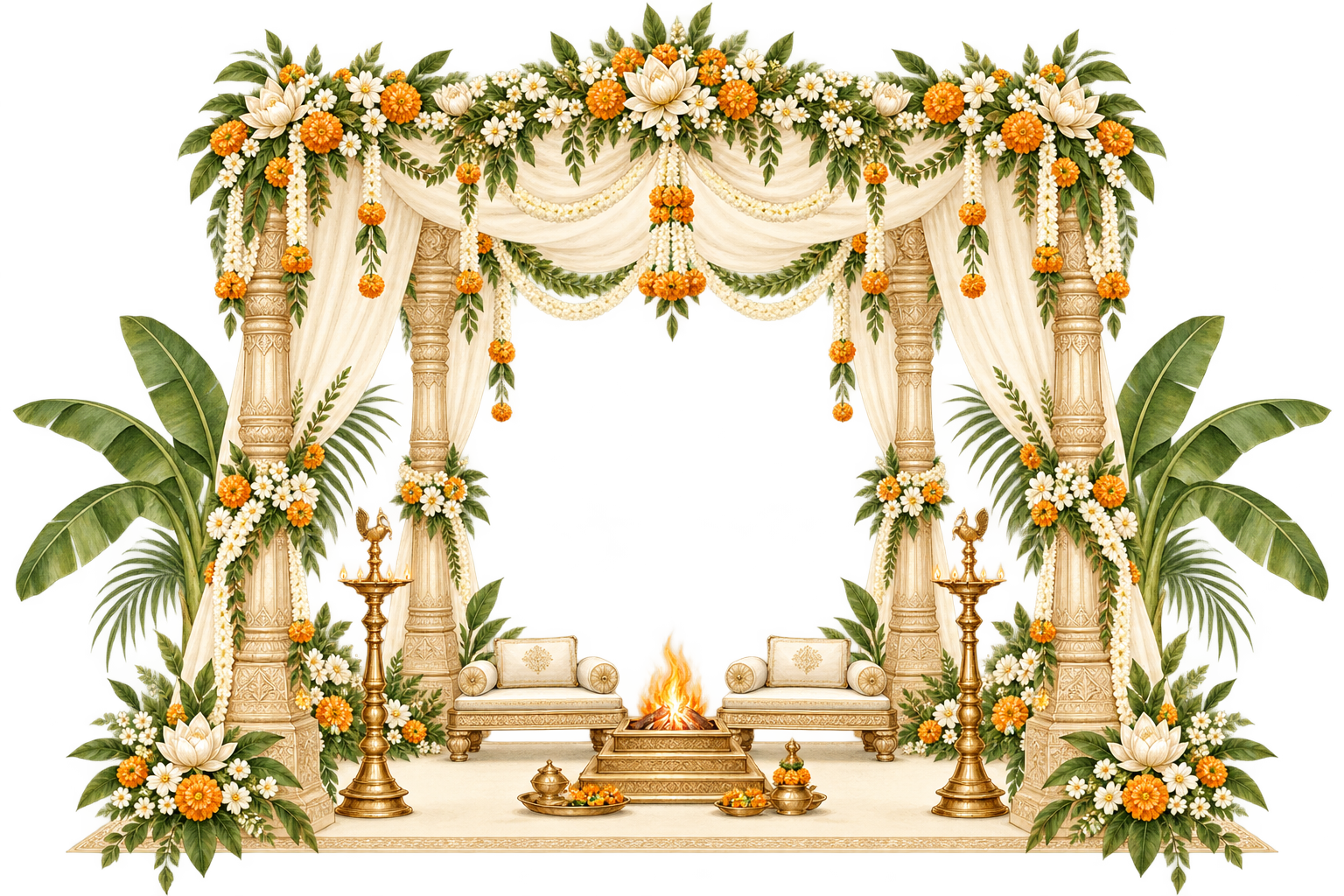 Watercolor illustration of a flower-filled Hindu wedding mandap